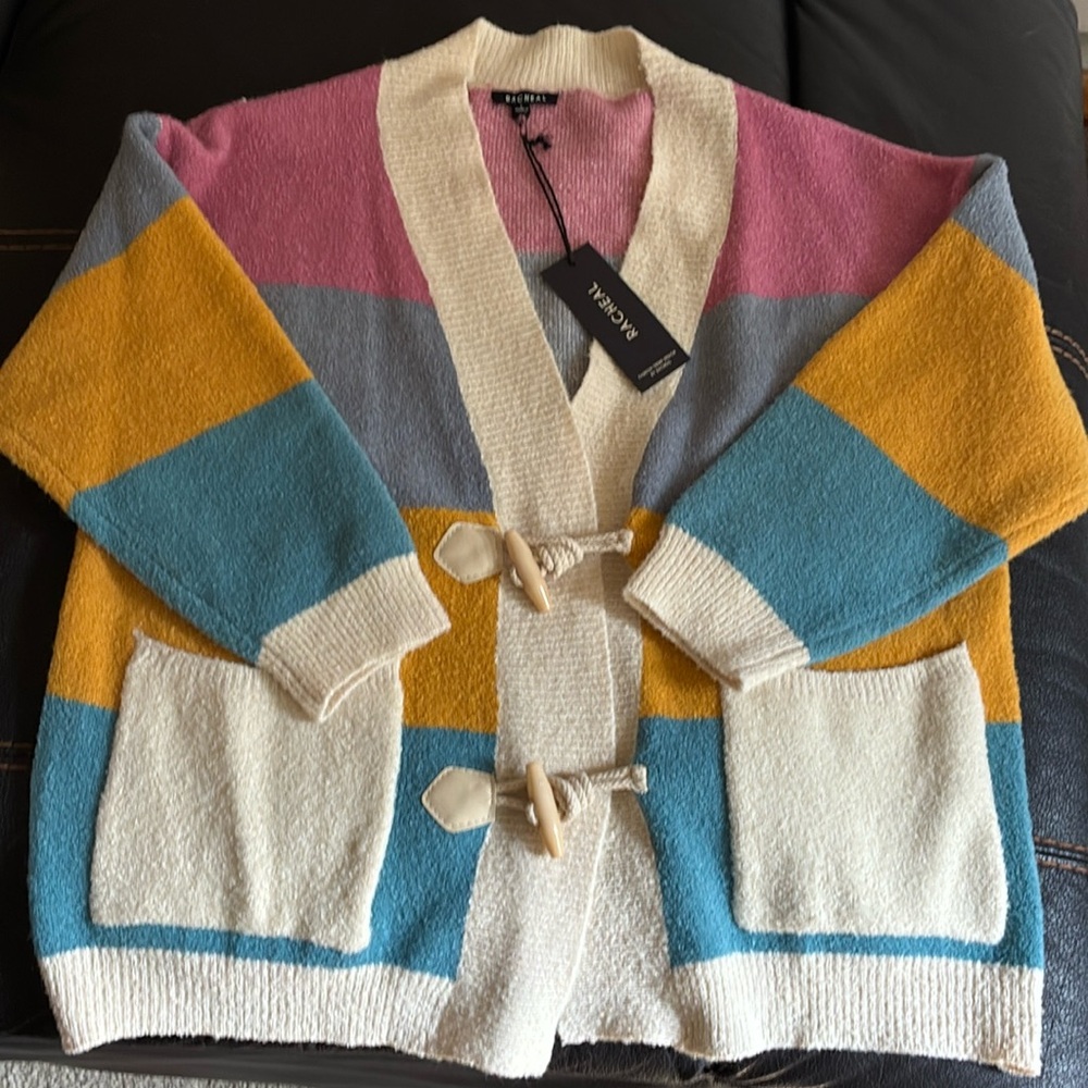 Racheal Chunky, toggle button, striped sweater, size L, NWT